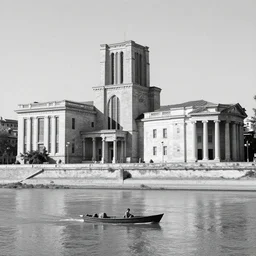 a man on a small boat on a river with high ancient city, b & w, neoclassical architecture, ancient high buildings, vertical classical temples