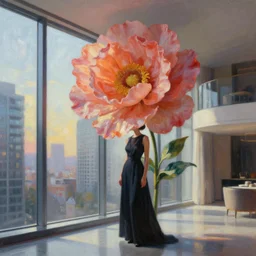 giant flower under head, woman next to modern windows, luxury apartment, surreal photography, dramatic light, impressionist painting, digital painting, artstation, arthur adams