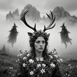 alpine female farmers head being overgrown by edelweiss, antlers on head, much fog, levitating witches, magic, dolomites dark black and white vintage photography by dennis villeneuve, cinestill eerie despair portrait photography artstation digital art adward winning