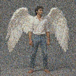 character concept portrait of a handsome male angel, Indian ethnicity. Clean-shaven, hair in a ponytail. Shirt, jeans and barefoot. Distant full-body view. Digital painting, concept art, smooth, sharp focus, illustration, by Ruan Jia and Mandy Jurgens and Artgerm and William-Adolphe Bouguereau