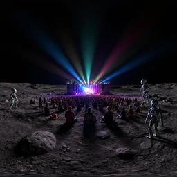 360º, equirectangular,  View of the scenario of an outdoor rock concert in a lunar landscape, darkness, night lighting, colored spotlights, psychdelic lights, a gloom, much public to the stage looking at the concert, the public is formed by aliens and robots,, realistic, many details, ultra detailed, render, render Vray, octane render, rendering, unreal Engine5, HDRI, 360º, equirectangular