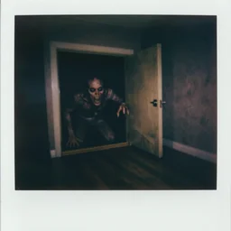 dark room with a monster peering out of a trap door in the floor, distuburbing, horror, nightmare, terrifying, surreal, nightmare fuel, old polaroid, blurry, expired film, lost footage, found footage,