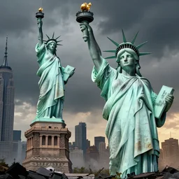 giant Donald Trump punching the Statue of Liberty in Manhattan, post apocalyptic New York, craig mullins, dramatic lighting, very detailed