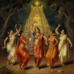 8 0's srilankan womans are dancing on temple, painting by james jean, craig mullins, j. c. leyendecker, lights, art by ernst haeckel, john william godward, hammershøi