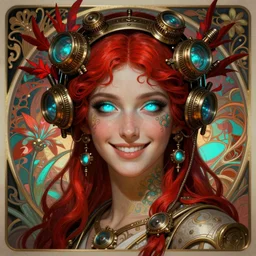 the goddess hera smirking, steampunk, glowing eyes, volumetric lights, red and cyan theme, art nouveau botanicals, intricate, highly detailed, digital painting, artstation, concept art, smooth, sharp focus, cinematic, illustration, beautiful face, art by artgerm and greg rutkowski and alphonse mucha