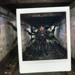 strange evil monster anamorphic with 4 arms in a abandoned subway, polaroid photography with flash, resident evil