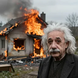 a photo of a house burning down in the background and einstein with an eerie expression in the foreground, strong depth of field