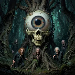 hyperdetailed art nouveau portrait of treebeard as a cthulhu eyeball skull chimera, by tim hildebrandt, simon bisley, and bill sienkiewicz, grim yet sparkling atmosphere, photorealism, night in the forest, swamp, vines, terror, wild, crazy, scary, horror, lynn varley, lovern kindzierski, steve oliff