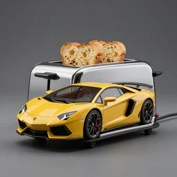 a Lamborghini concept toaster, a toaster that looks like a Lamborghini car, with bread in the slots, studio product shot