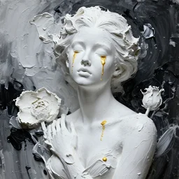 a wide portrait of a beautiful girl, porcellaine skin with golden tears, dramatic lighting, thick paint texture on the face and body, abstract flower arrangement, white and black textures