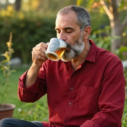 mr robert is drinking fresh tea, smoke weed and meditate in a garden from spiral mug, detailed calm face, grey short beard, golden hour, red elegant shirt