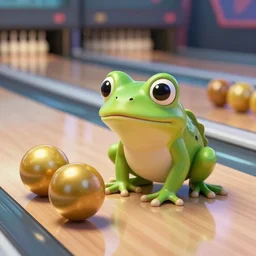 eye - level shot of a cute frog on a glass floor bowling with golden metall balls, concept art, by esao andrews, by m. w. kaluta, by pixar, volumetric light, rich colors, very humorous!!!, realistic reflections, smooth, depth perception, tilt shift, 4 k, unreal engine 5, artstation