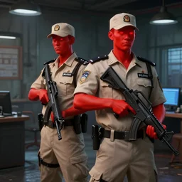 security officers with glowing red skin in beige uniforms and caps holding bullpup guns in a brutalist office setting trending on artstation digital painting 4 k sharp detail high quality