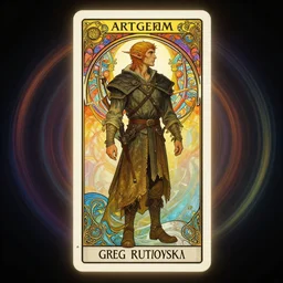 side profile centered portrait, male elf ranger, by artgerm, cushart krenz, greg rutkowski. art nouveau tarot card by mucha. gloomhaven, backlit, swirly vibrant ripples, gaudy colors, sharp edges. ultra clear detailed. 8 k. elegant, intricate, octane render