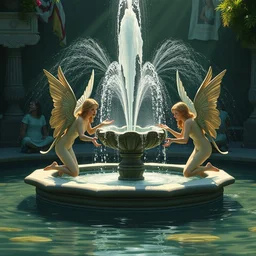 3 nymphs circling a fountain, detailed, 4 k, digital art, kawacy