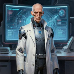 marvel comic book style portrait painting of an old short thin man with a thin mean face, wearing a futuristic lab coat, standing in front of a computer simulation, sci - fi, intricate, elegant, highly detailed, digital painting, artstation, concept art, matte, sharp focus, illustration, art by artgerm and greg rutkowski and jim burns and alan lee