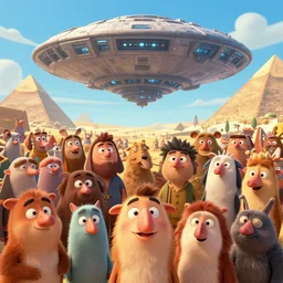a multitude of humans beings and anthropomorphic animals staring around a giant alien ship, pyramids in the background. beautiful energetic cartoon, beautifully detailed faces, funny noses