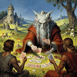 fantasy illustration made by moebius with a 8 eyed humanoid god dealing cards over a medieval field