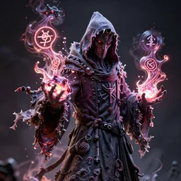 a necromancer pulsing with necrotic energy, art by yumihiko amano, power auras, sigils, tattered cloth robes, substance 3 d painter, pbr textures, physical based rendering, cinematic, hyper realism, high detail, octane render, unreal engine, 8 k, smooth gradients, high contrast, depth of field, aperture f 2.