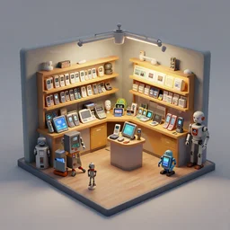 environment art matte painting of the interior of small 2 0 5 0 s microsoft shop, phones, tablets, robots and mannequins, by ian mcque, greg rutkowski trending on artstation, 4 k