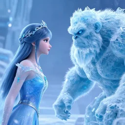 beautiful  ice queen confronting a ice golem ,highly detailed, 8k, HDR, award-winning, trending on artstation, octane render