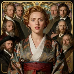 museum quality hyper realism portrait of young scarlet johansson in japanese costume by jan van eyck, tom bagshaw, jean delville, william bouguereau, albrecht durer, decorated with art nouveau motif