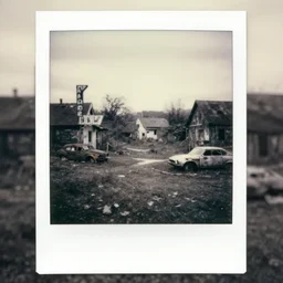 black and white, old polaroid of dilapidated fallout 5 europa, temperate european hamlet, desolate, dilapidated neon signs, few rusted retro futuristic vintage parked vehicles, volumetric lighting, photorealistic!!!, daytime, autumn, gloomy weather, ultra detailed!!!