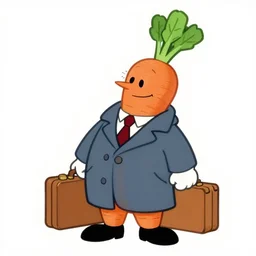 1960s cartoon of a carrot holding a briefcase and wearing a coat and tie, colored