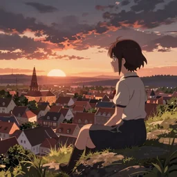 reimu sitting on a hill off to the side looking down upon danish town, during dawn, cinematic, very warm colors, intense shadows, anime illustration, anime screenshot composite background