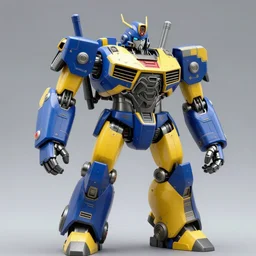 half blue half yellow giant metal war robot in dramatic pose, very detailed photography, 8k