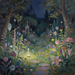a gorgeous, fantastic, magic night garden landscape by michael kidd, trending on artstation, oil on canvas, dull colors, low contrast, pastel colors, escher