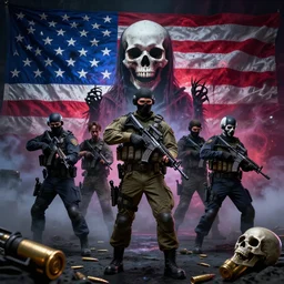 police swat raid military bullets skulls weapons american flag smoke scariest horror nightmare by pushead, junji ito and horiyoshi iii, digital art, deepdream cosmic, 3 d high definition, trending on artstation, 8 k, octane, trending on deviantart elegant trend, highly detailed unreal engine