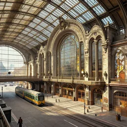 a photo of a concept architecture art house steampunk train station, style brutalism, extremely detailed, sharp focus, wide view, smooth, digital illustration, colorfull, by william turner, by alphonse mucha