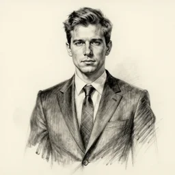 charcoal sketch of aidan gallagher with short hair, bespoke suit
