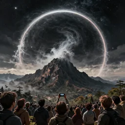 black hole sucking in mountain, arcain style, ultra detailed, concept art, crowd, people watching
