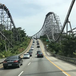 watching traffic navigate a steep rollercoaster highway