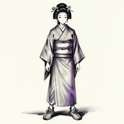 a black and white sketch with slight purple tones of the traditional clothing of a japanese miko in the harajuku style wearing yeezy 5 0 0 sneakers