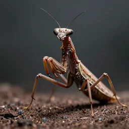 beautifully hyperrealistic cinestill octane render of creepy predatory mantis, brown exoskeleton, flat triangular head, yasushi nirasawa, hiroya oku, junji ito