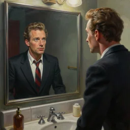 a photorealistic highly detailed painting of a vintage 1 9 5 0's game show host staring at his reflection in a bathroom by johfra bosschart, lisa frank, kinkade, visionary art, dark fantasy art, high detail, trending on artstation