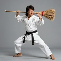 Jackie Chan as an amazonian woman in karate pose holding a broom, wide full body, movie poster, realistic hyper detailed concept art