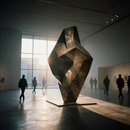 Hyper realistic brutalist museum interior with a big abstract sculpture, blurred silhouettes of people walking in the distance, sun rays at sunset, hard shadows, volumetric fog, Hyper realistic film photography by Yohji Yamamoto, Zeiss 24mm f2.8, Hasselblad, insanely detailed, sharp focus