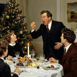 a man yelling at his mother during a family christmas dinner by norman rockwell