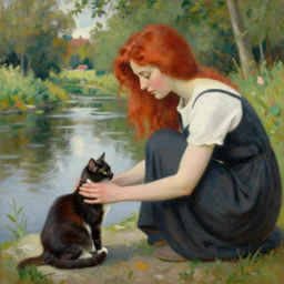 A photorealistic painting of a redheaded woman petting a cat by a river in the style of Eugene de Blaas