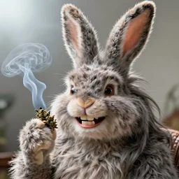 hyper realistic, portrait of a derpy big chungus, with bunny rabbit ears, very fuzzy, furry, dr. seuss, long hair, smoking weed, big smile, buck teeth, bright balanced lighting, by greg rutkowski, scott m fischer, artgerm, loish, slight glow, atmospheric, anne stokes, alexandros pyromallis, 4 k, 8 k