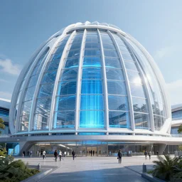 outside view of futuristic charleroi, belgium with giant white glass metallic dome train station with blue light, volumetric light, hyperdetailed, artstation, cgsociety, 8 k