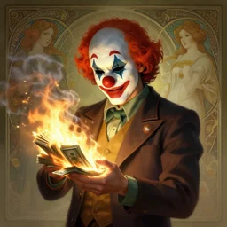 epic portrait a clown masked man in a suit burning stack of cash, glowing, steam digital painting, artstation, concept art, soft light, hdri, smooth, sharp focus, illustration, fantasy, intricate, elegant, highly detailed, D&D, matte painting, in the style of Greg Rutkowski and Alphonse Mucha and artemisia, 8k, highly detailed, jurgens, rutkowski, bouguereau, pastoral, rustic, georgic
