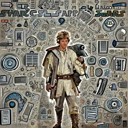 Luke skywalker carrying a gremlin on his shoulders, from star wars movie, cinematic lighting, backlight