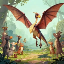 archeopteryx having party with other people, digital art