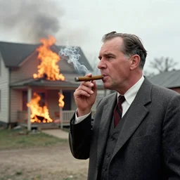 george burns smoking his cigar in the foreground as a house is on fire in the background