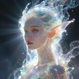 a frontal face portrait of transparent and beautiful elegant elemental entity dissolving in to light, refractive light, caustics, backlit, incredible lighting, strong rim light, highly detailed, god rays, digital painting, HDRI, Dan Mumford and  Peter Mohrbacher, vivid colors, high contrast, 8k resolution, intricate, photorealistic, smooth